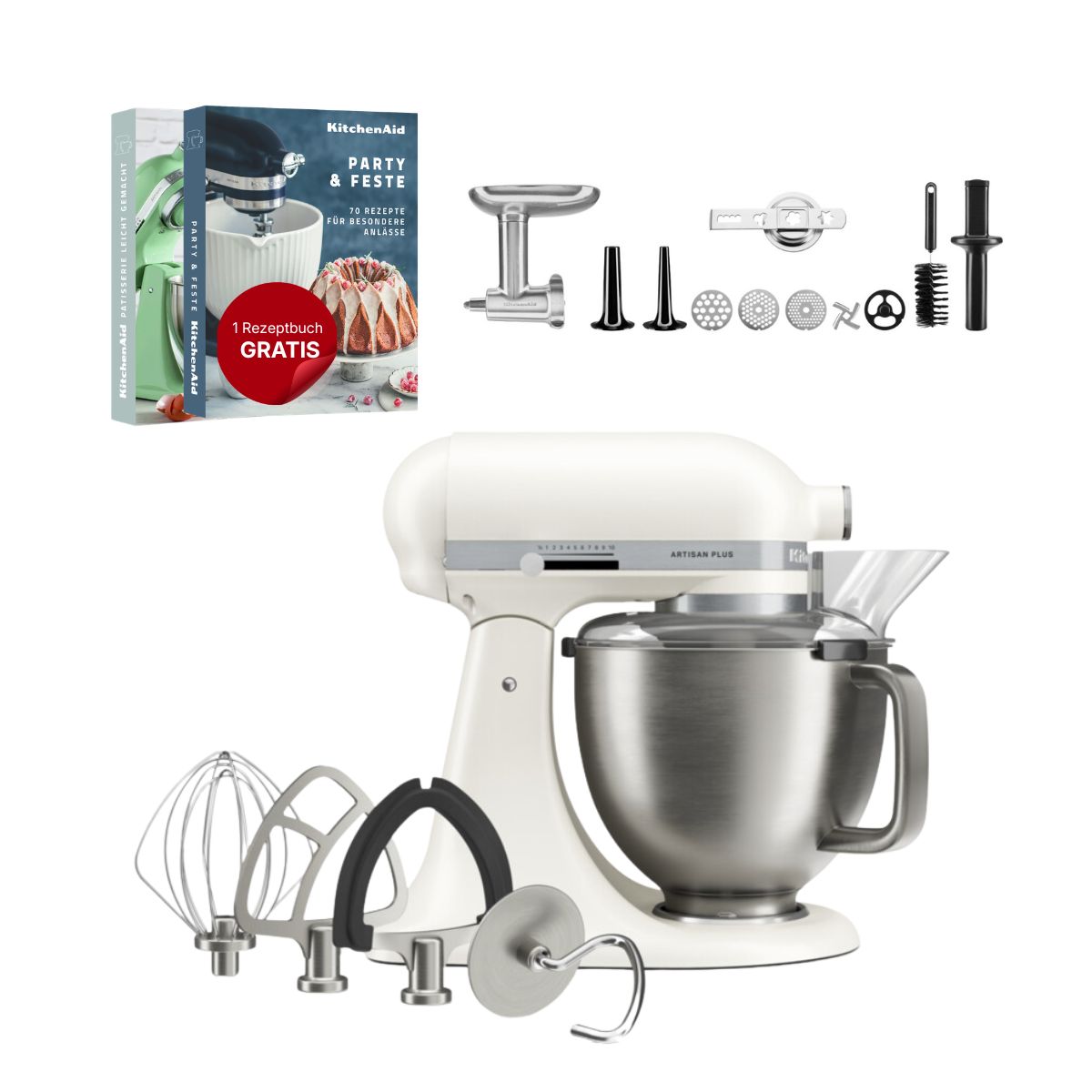 KitchenAid 4,7 L 5KSM50 Artisan Plus Küchenmaschine Meatlover mit Metallfleischwolf + Spritzgebäckvorsatz