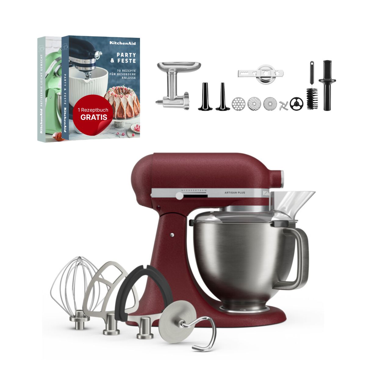 KitchenAid 4,7 L 5KSM50 Artisan Plus Küchenmaschine Meatlover mit Metallfleischwolf + Spritzgebäckvorsatz
