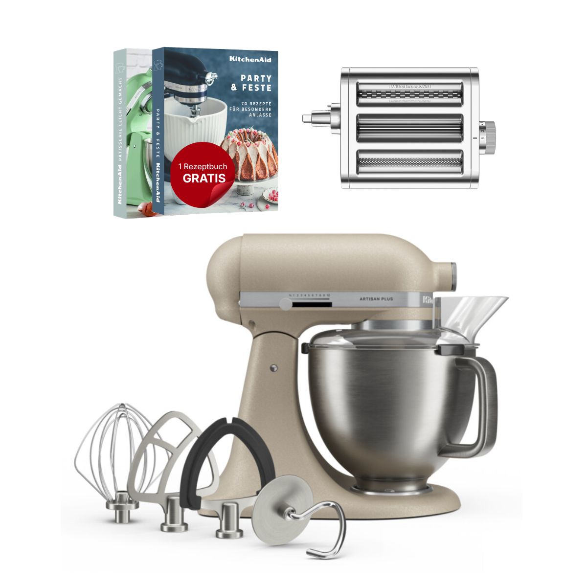 KitchenAid 4,7 L 5KSM50 Artisan Plus Küchenmaschine Pastalover mit 3-in-1 Nudelvorsatz
