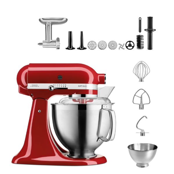 KitchenAid 4,8 L 5KSM185 Artisan Küchenmaschine Meatlover Metallfleischwolf 5KSMMGA Gr. 8 und Spritzgebäckvorsatz