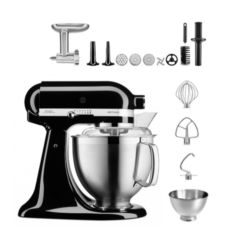 KitchenAid 4,8 L 5KSM185 Artisan Küchenmaschine Meatlover Metallfleischwolf 5KSMMGA Gr. 8 und Spritzgebäckvorsatz