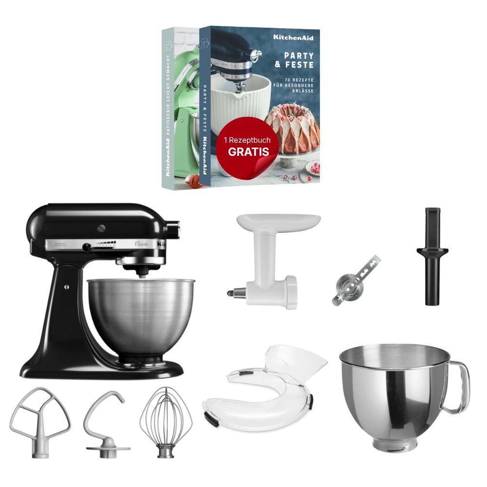 KitchenAid 4,3 L 5K45SS Classic Küchenmaschine Set 4 Fleischwolf+Spritzgebäck+Schüssel+Spritzschutz
