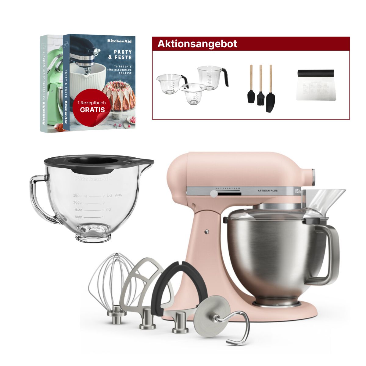 KitchenAid 4,7L 5KSM50PKVE Küchenmaschine - Artisan Plus mit GRATIS Glasschüssel
