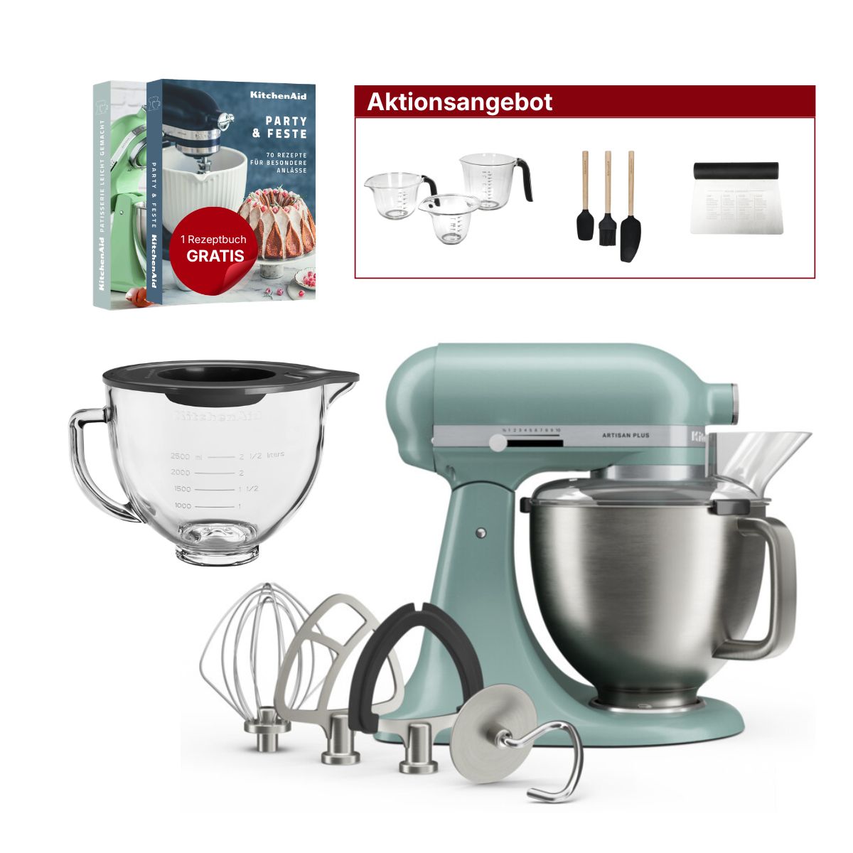 KitchenAid 4,7L 5KSM50PKVE Küchenmaschine - Artisan Plus mit GRATIS Glasschüssel