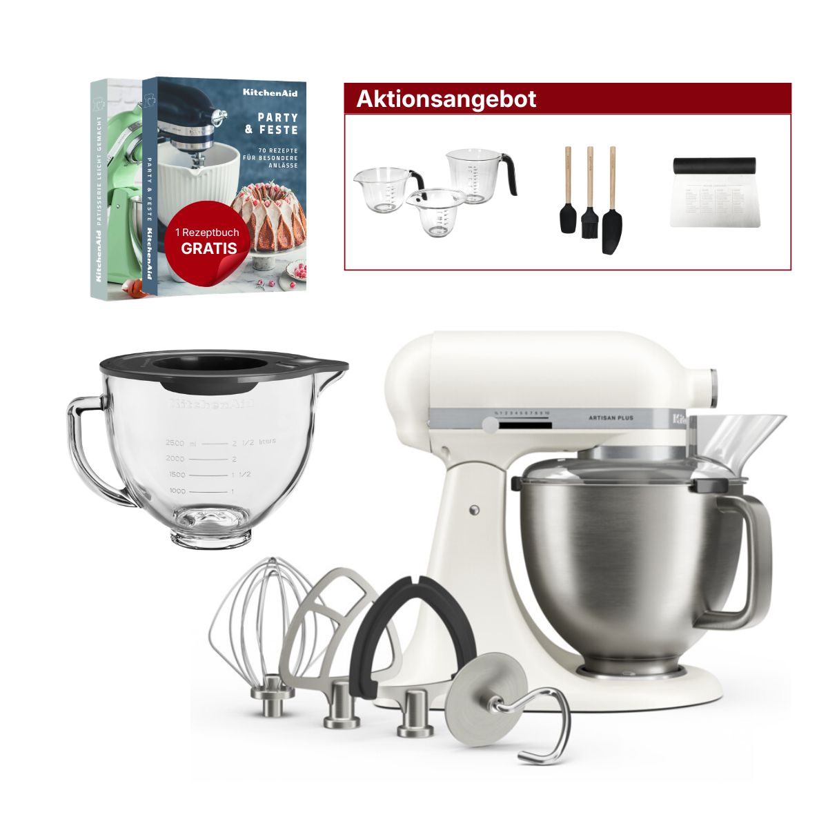 KitchenAid 4,7L 5KSM50PKVE Küchenmaschine - Artisan Plus mit GRATIS Glasschüssel