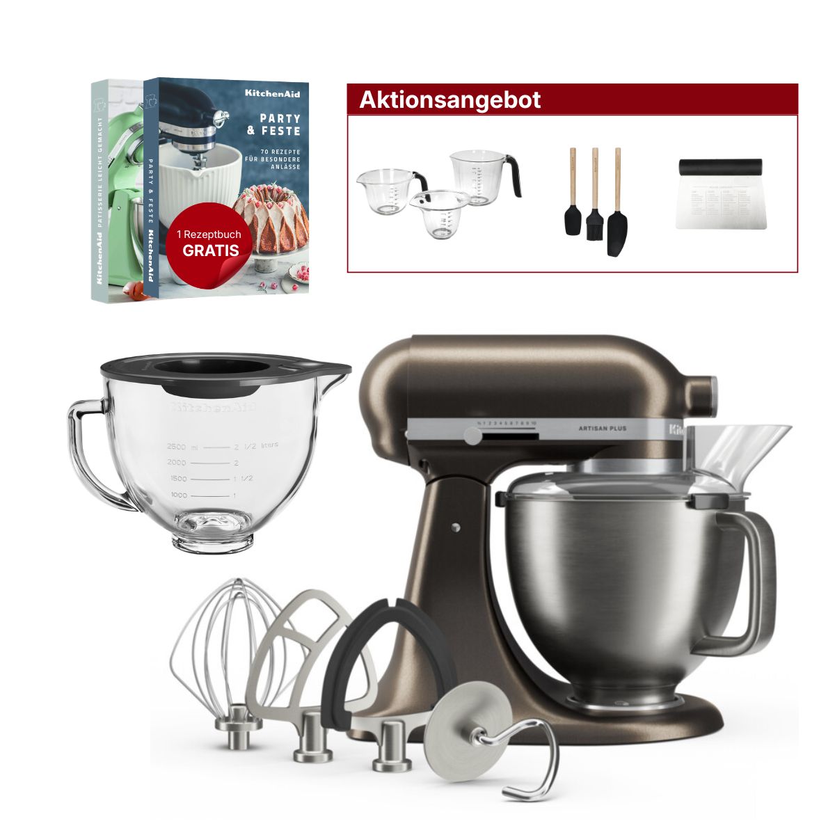 KitchenAid 4,7L 5KSM50PKVE Küchenmaschine - Artisan Plus mit GRATIS Glasschüssel