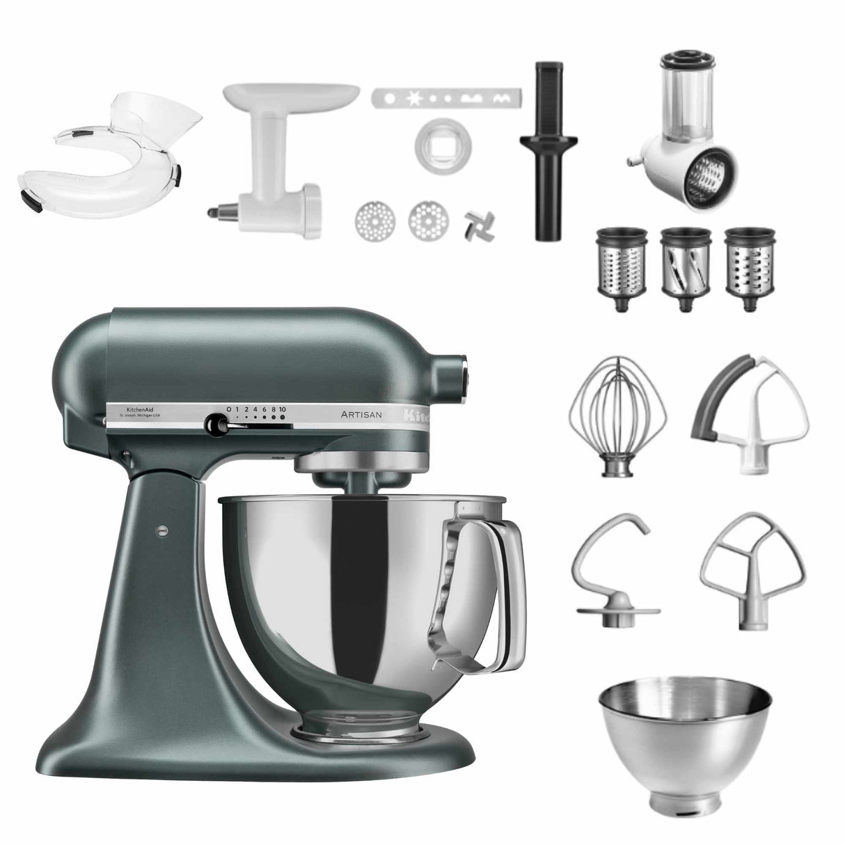 KitchenAid 4,8 L 5KSM175 Artisan Küchenmaschine Allrounderset mit Gemüseschneider+Fleischwolf+Spritzgebäckvorsatz